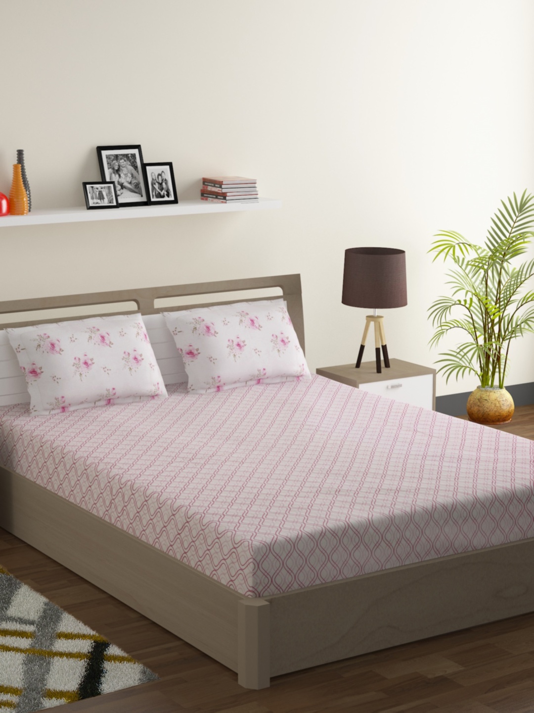 

Swayam Off White & Pink 210 TC 100% Cotton 1 Double Bedsheet with 2 Pillow Covers