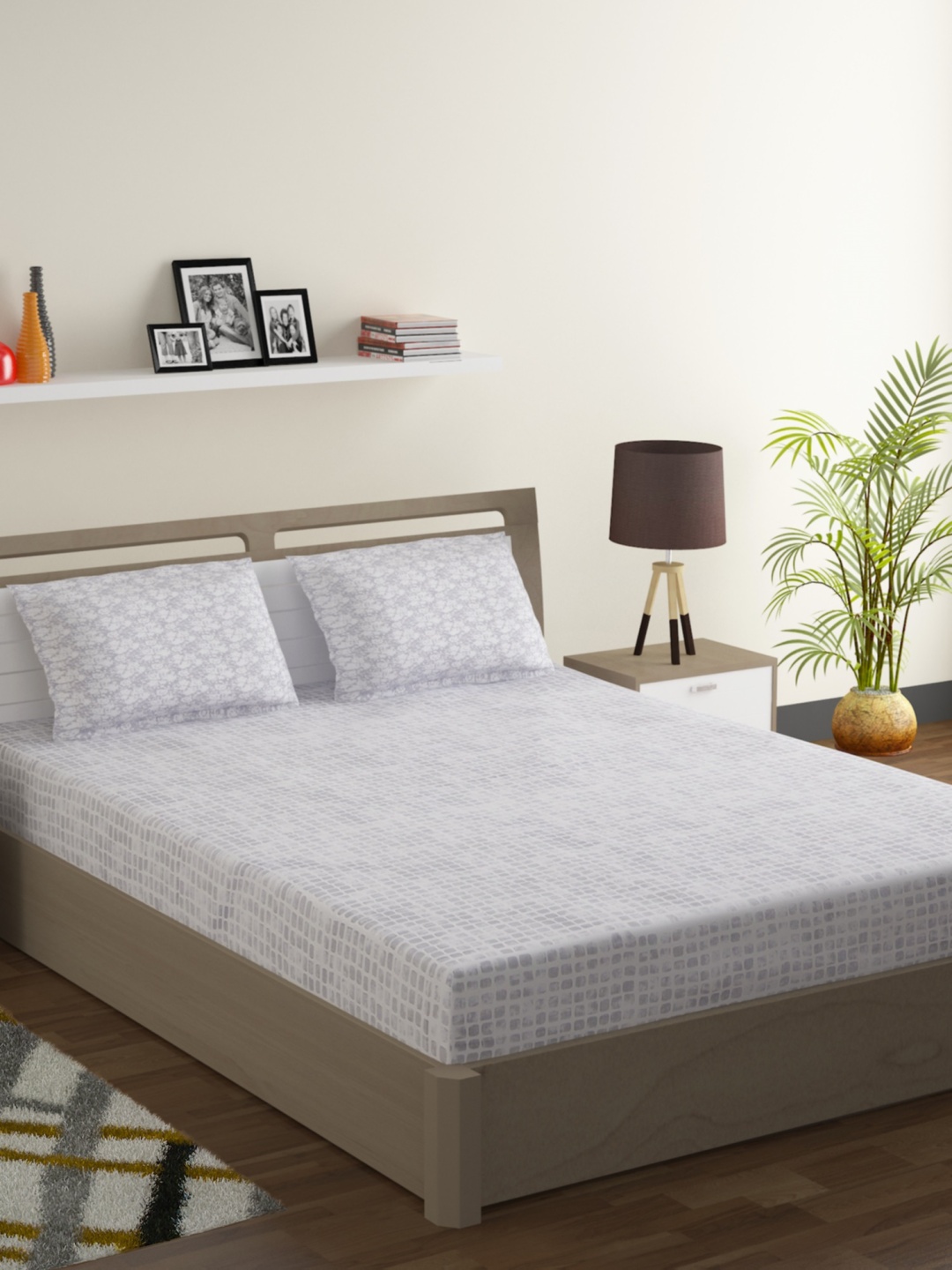 

SWAYAM Grey & Off-White Geometric 200 TC Cotton 1 King Bedsheet with 2 Pillow Covers
