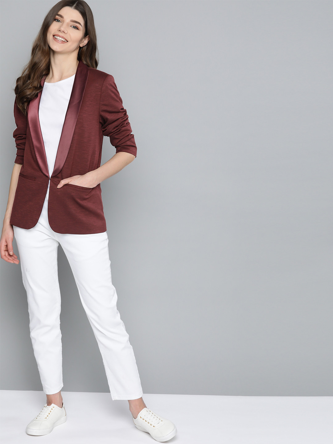 

Mast & Harbour Women Burgundy Regular Fit Self Design Front Open Smart Casual Blazer