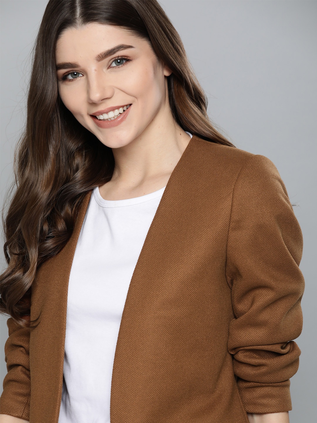 

Mast & Harbour Women Brown Regular Fit Self Design Front Open Smart Casual Blazer