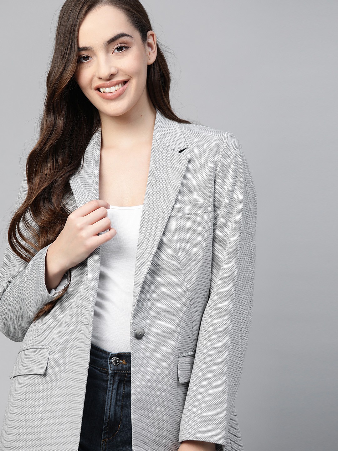 

Mast & Harbour Women Grey Boyfriend Fit Self Design Blazer