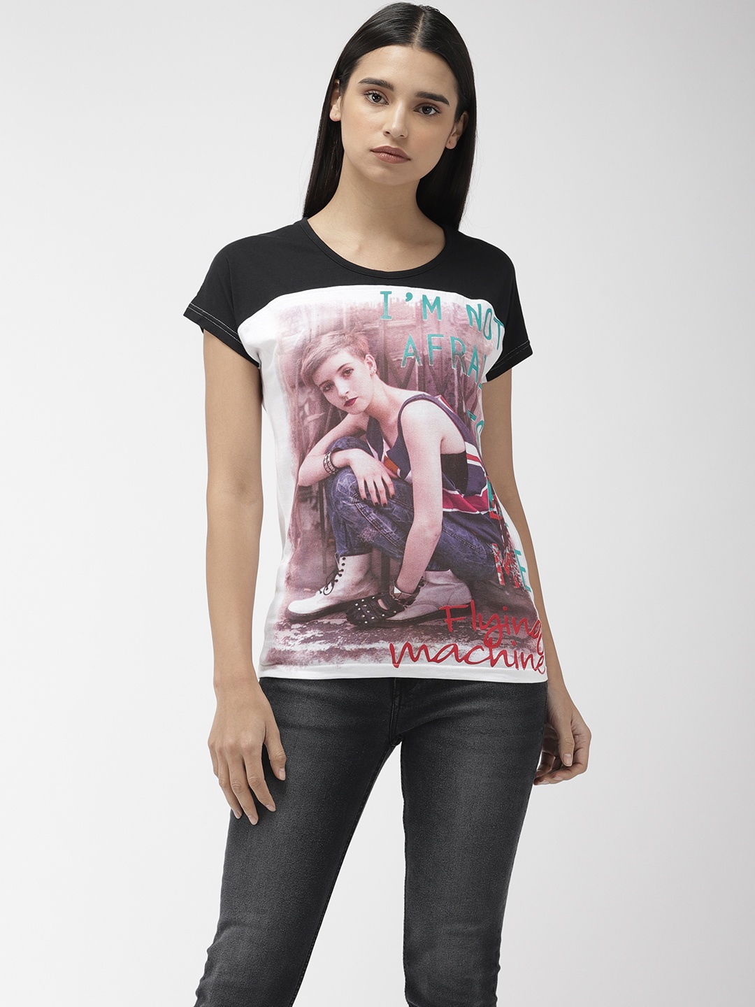 

Flying Machine Women Black White Printed Round Neck Pure Cotton T-shirt