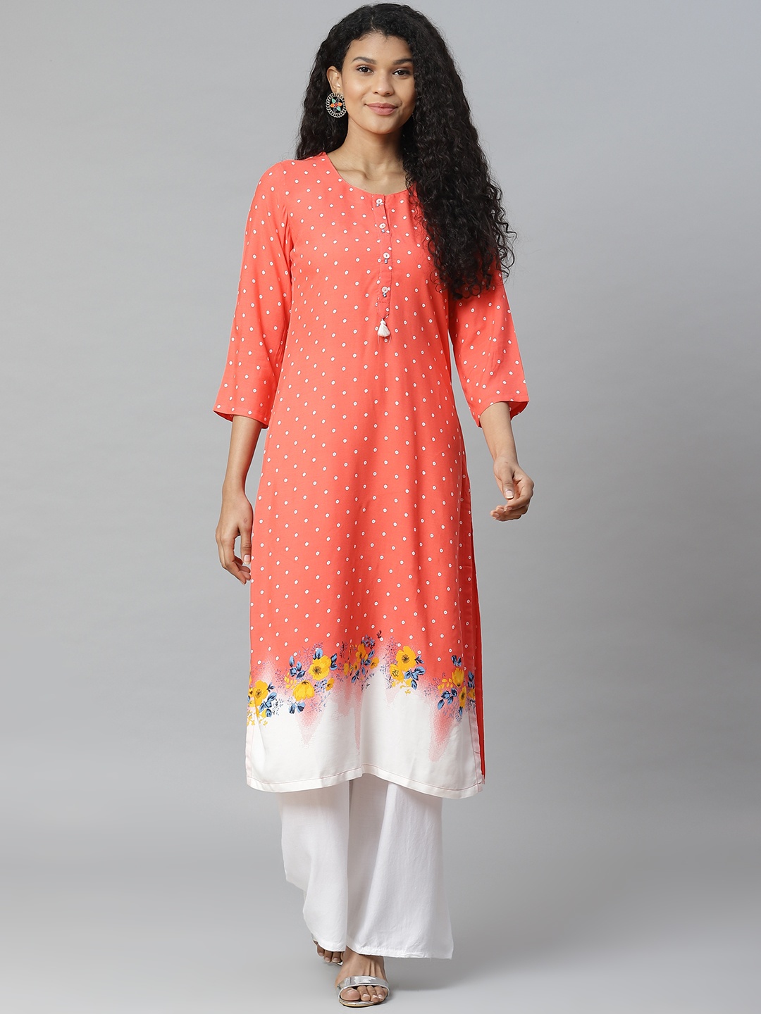 

Rangriti Women Coral Orange & White Printed Straight Kurta