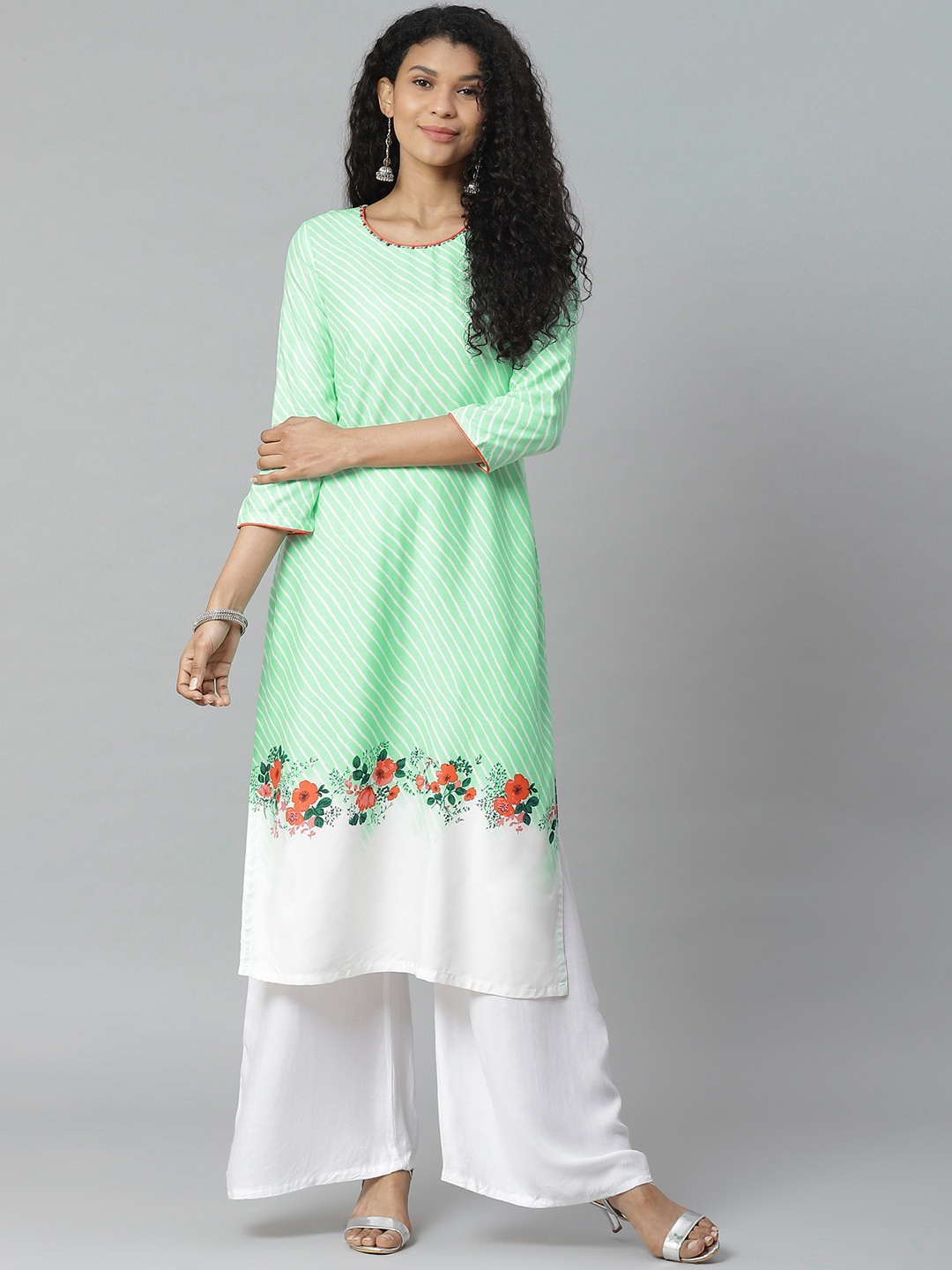 

Rangriti Women Sea Green & White Striped Straight Kurta