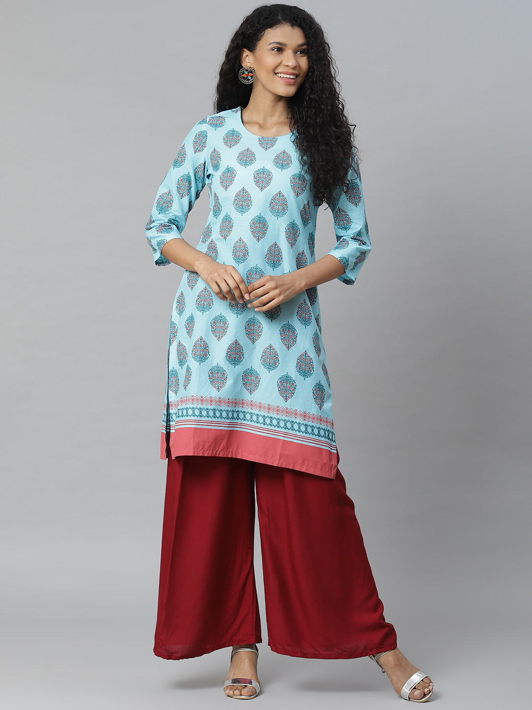 

Rangriti Women Blue & Maroon Pure Cotton Printed Straight Kurta