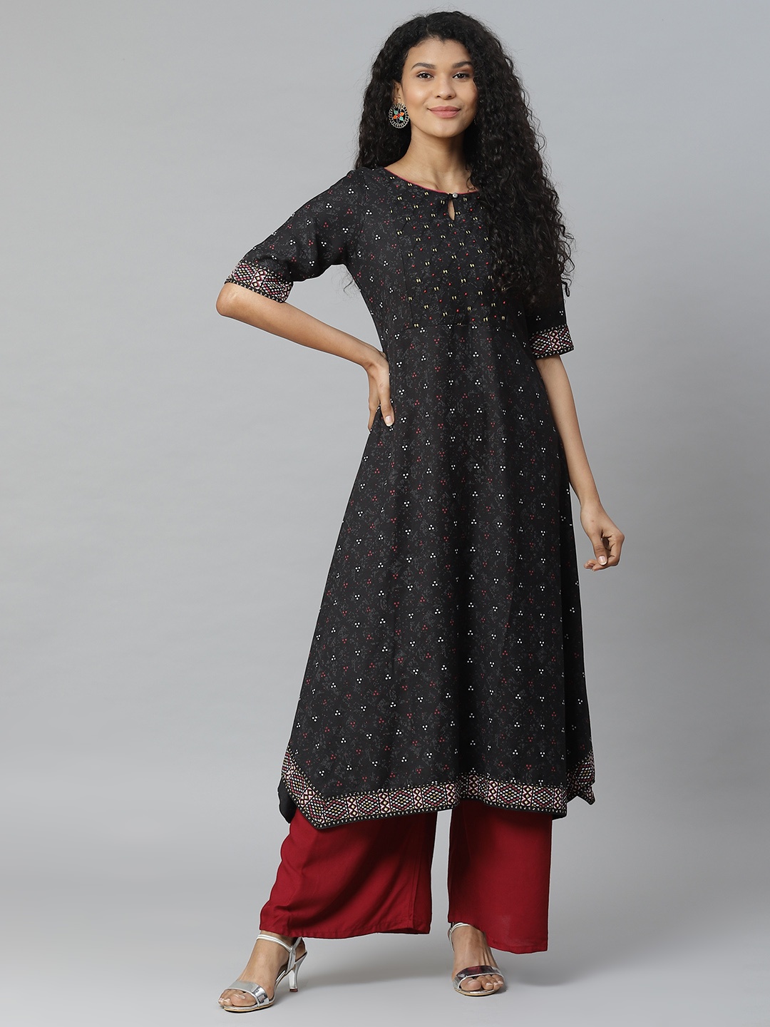 

Rangriti Women Black & Maroon Printed Asymmetric A-Line Kurta