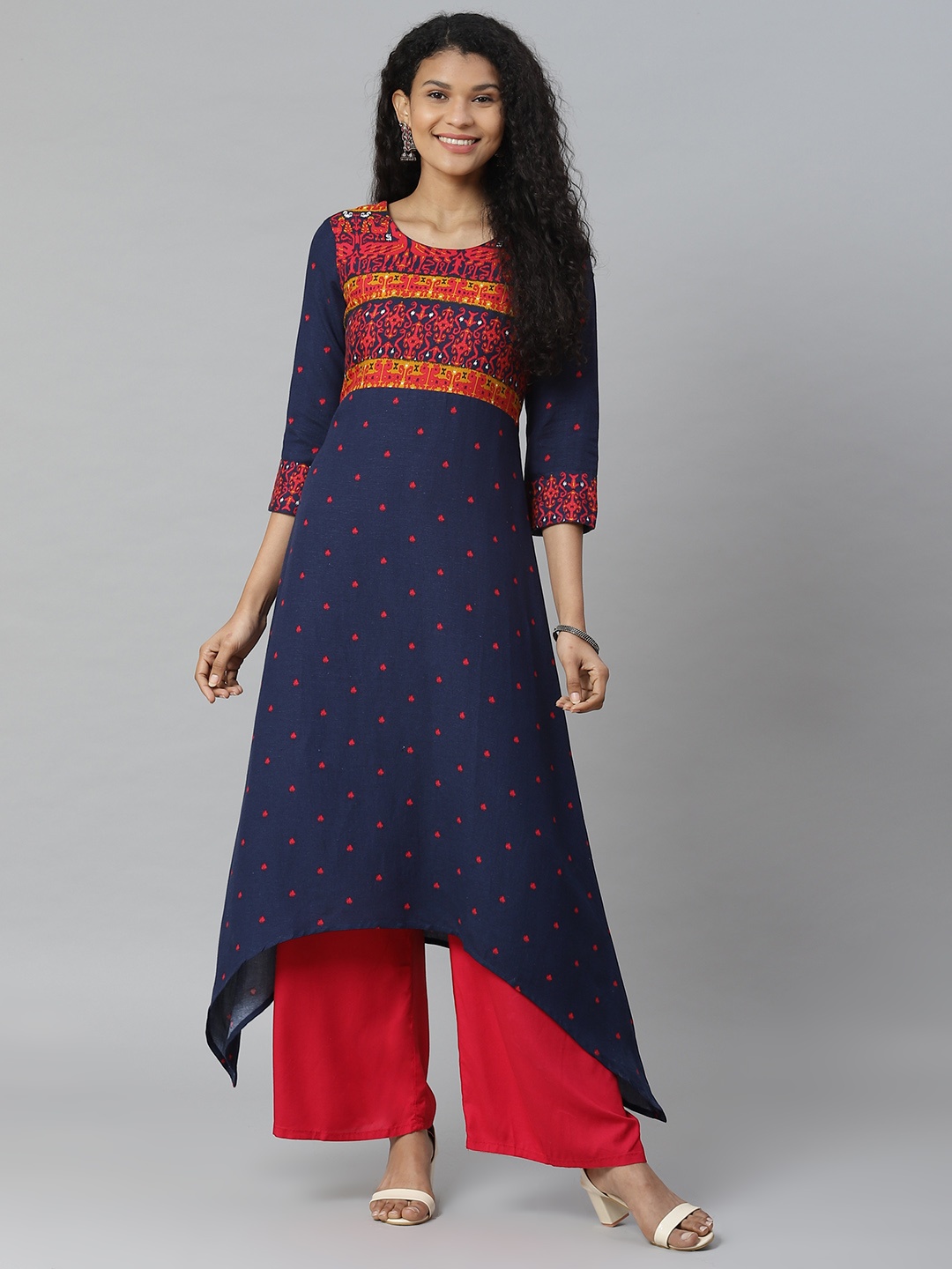 

Rangriti Women Navy Blue & Red Printed Asymmetric A-Line Kurta