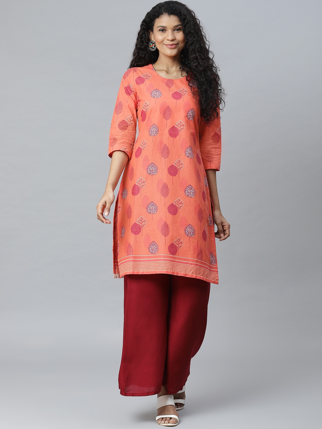 

Rangriti Women Coral Orange & Pink Pure Cotton Printed Straight Kurta