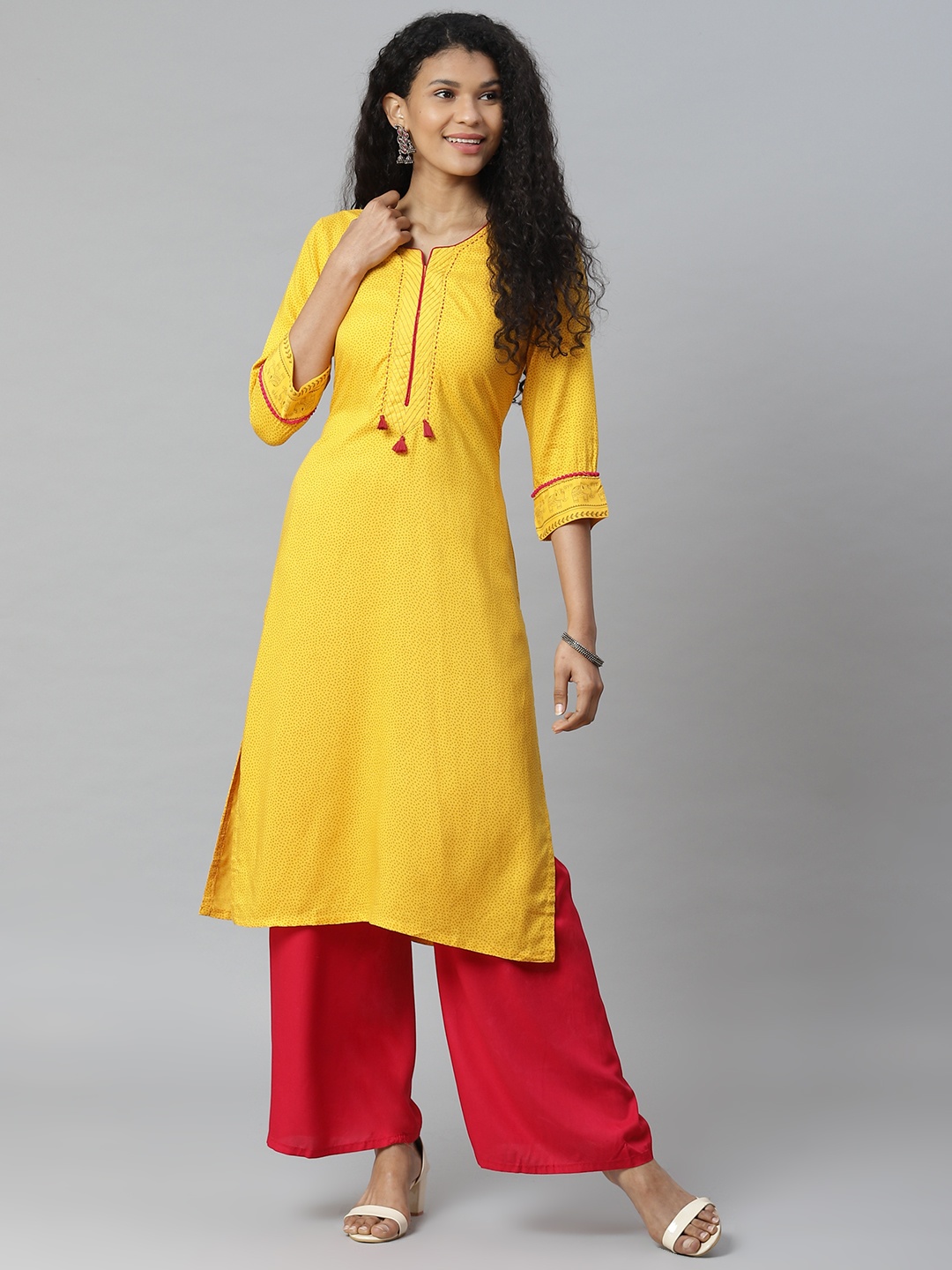 

Rangriti Women Mustard Yellow & Taupe Printed Straight Kurta