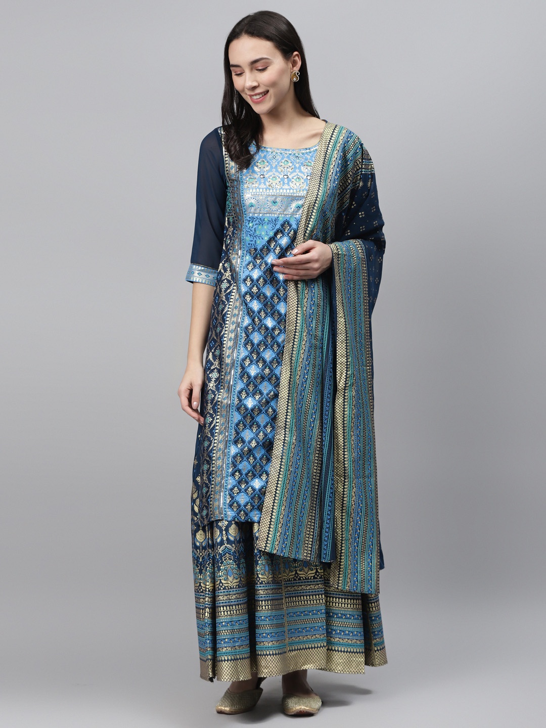 

AURELIA Women Blue & Golden Printed Kurta with Skirt & Dupatta