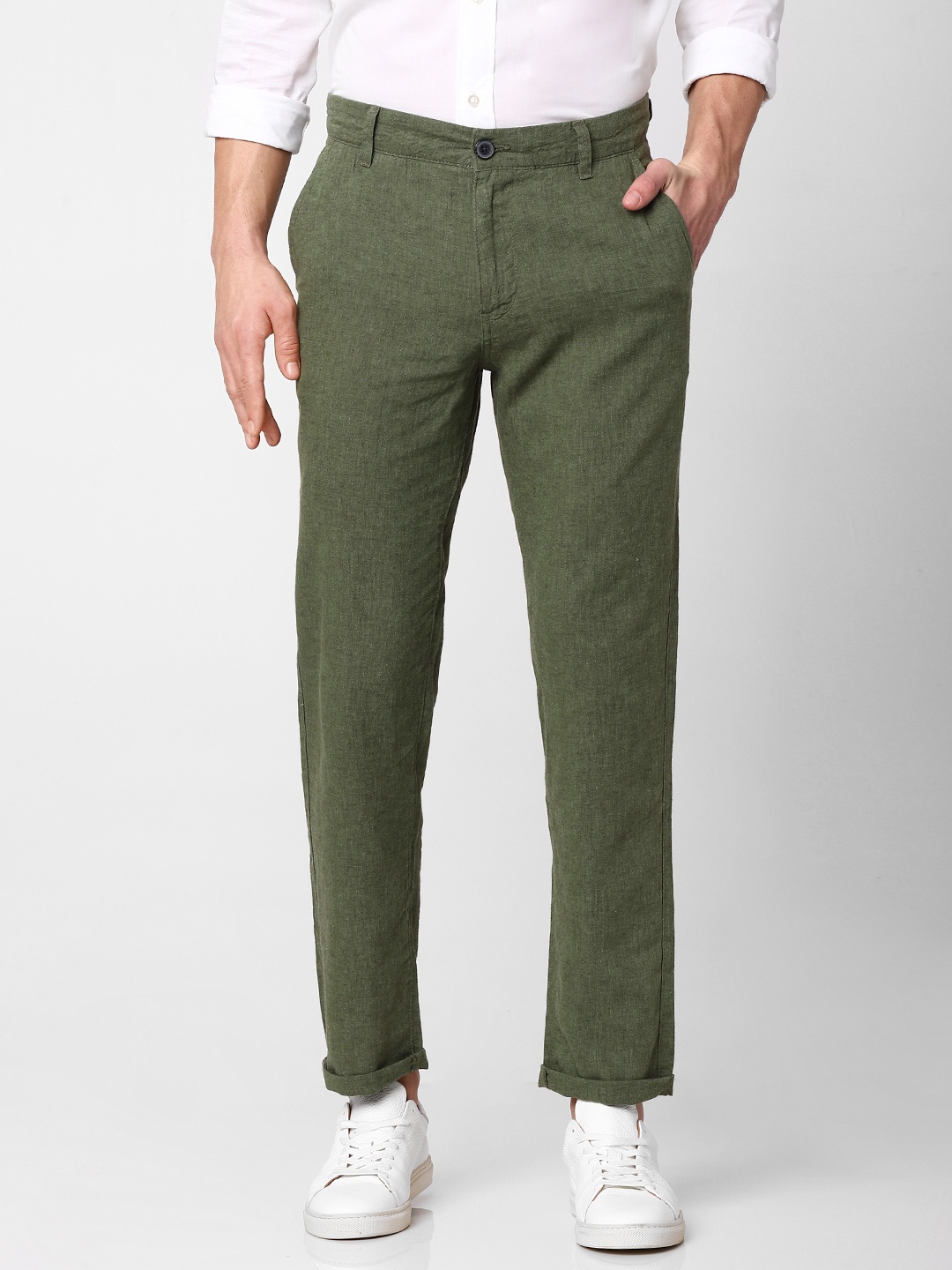 

SELECTED Men Olive Green Straight Fit Solid Regular Linen-Cotton Trousers