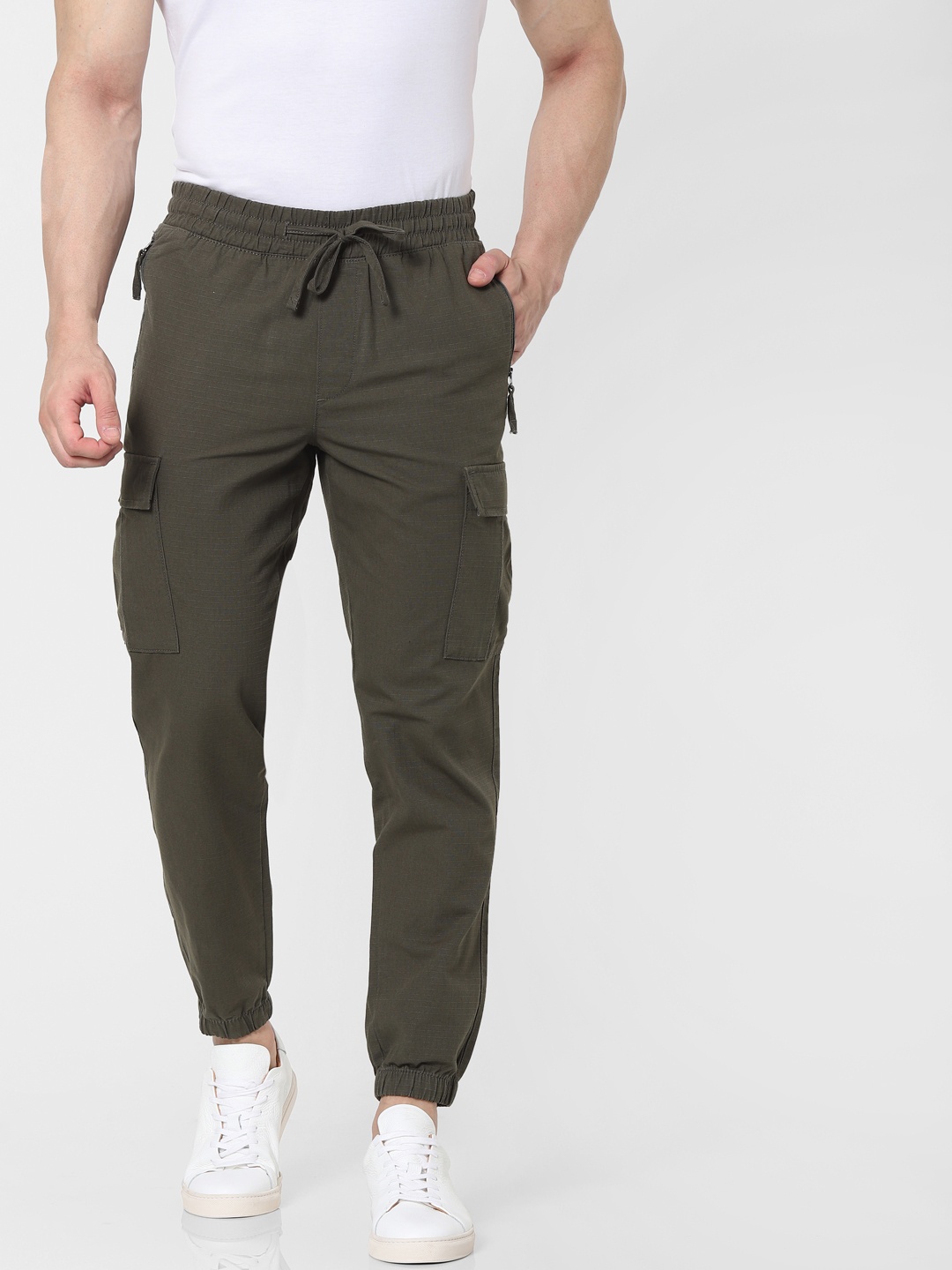 

SELECTED Men Olive Green Self-Striped Tapered Fit Cargos Trousers