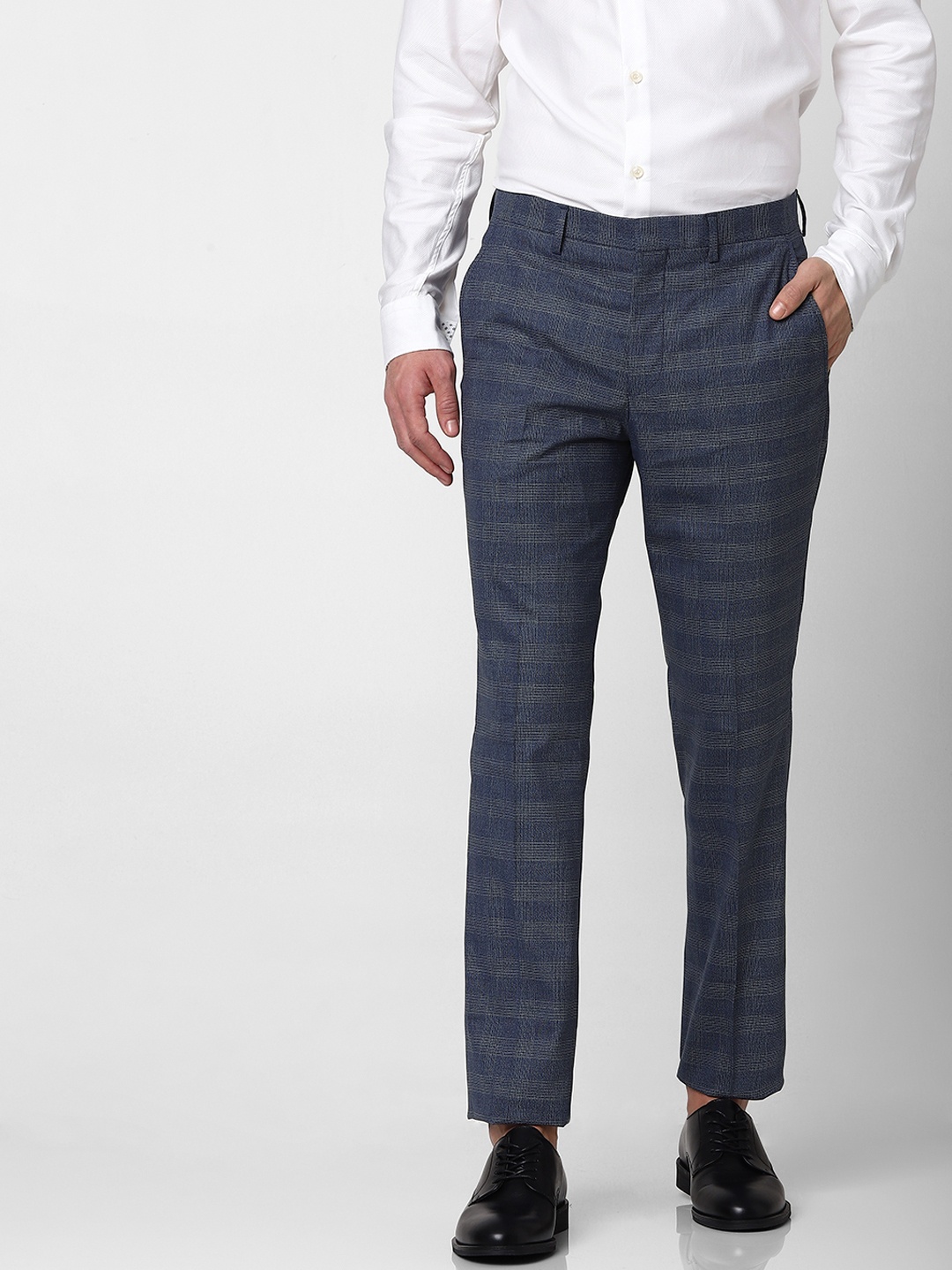 

SELECTED Men Navy Blue & Grey Checked Slim Fit Trousers