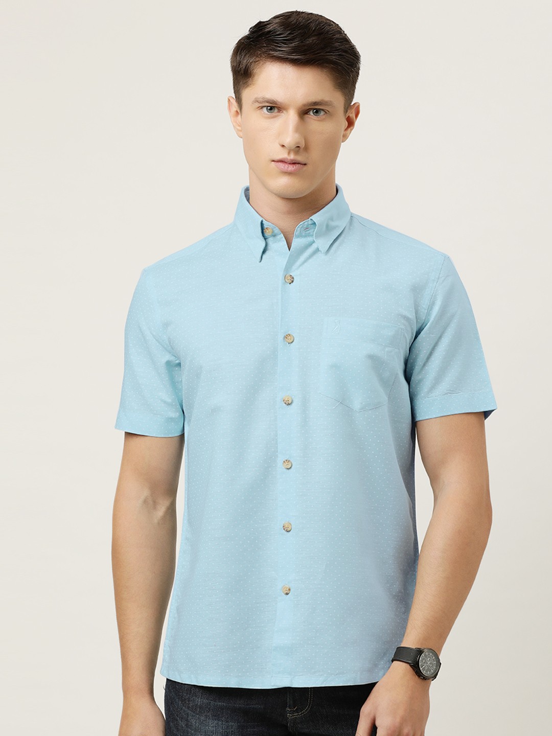 

Burnt Umber Men Blue & White Micro Ditsy Print Regular Fit Casual Shirt