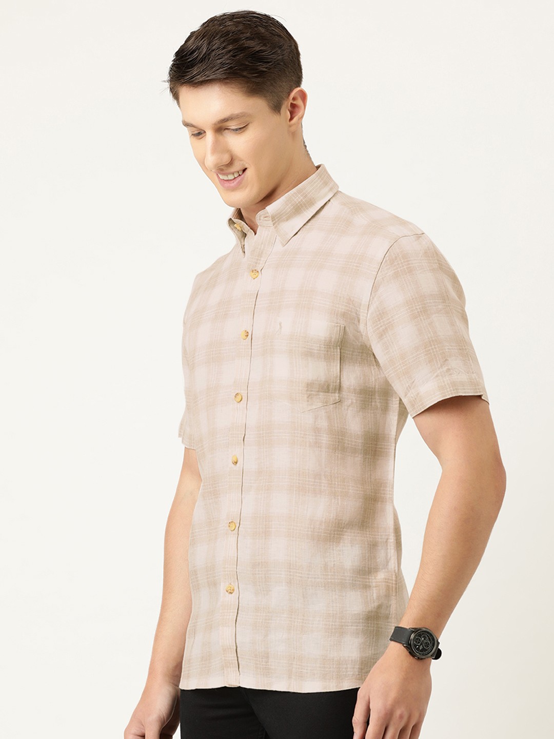 

Burnt Umber Men Beige & Off-White Pure European Linen Slim Fit Tartan Checked Casual Shirt
