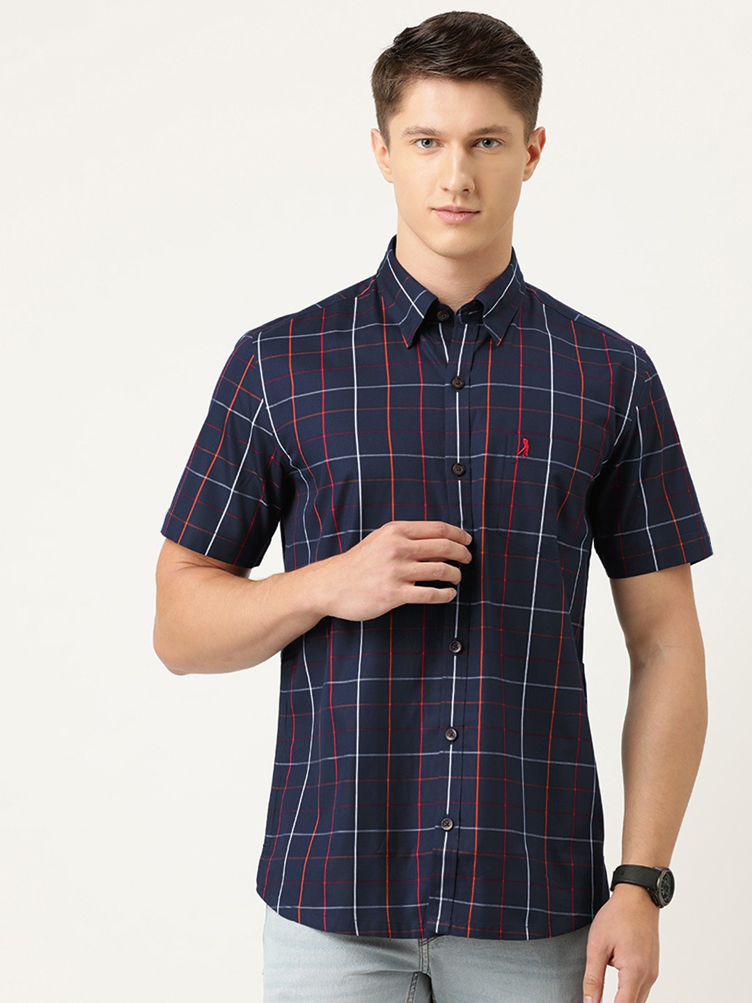 

Burnt Umber Men Navy Blue & Red Checked Slim Fit Pure Cotton Casual Shirt