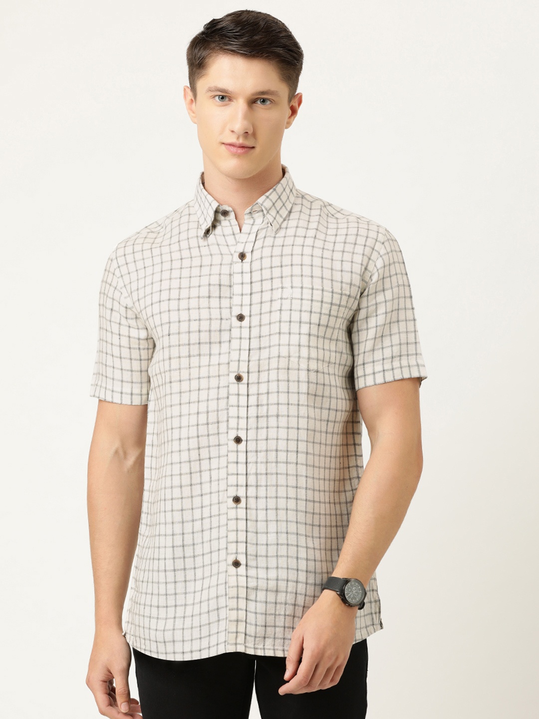 

Burnt Umber Men White & Charcoal Grey Regular Fit Checked Casual Shirt