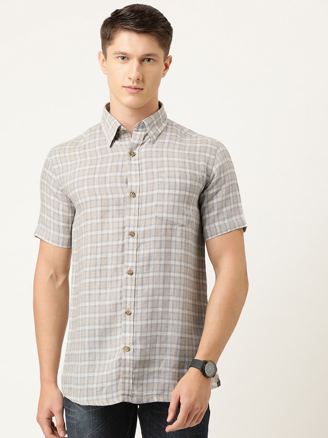 

Burnt Umber Men Off-White & Grey Linen Regular Fit Checked Casual Shirt