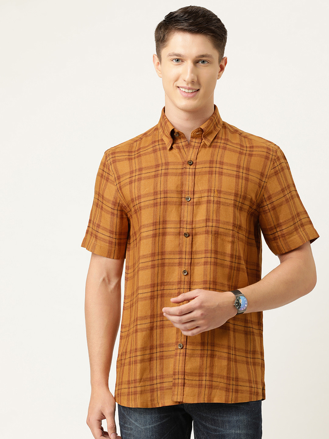 

Burnt Umber Men Rust Orange & Brown Pure European Linen Slim Fit Checked Casual Shirt