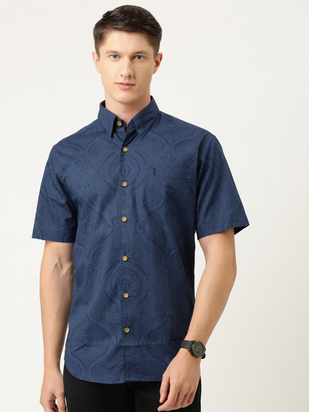 

Burnt Umber Men Navy Blue Regular Fit Ethnic Motifs Print Cotton Casual Shirt