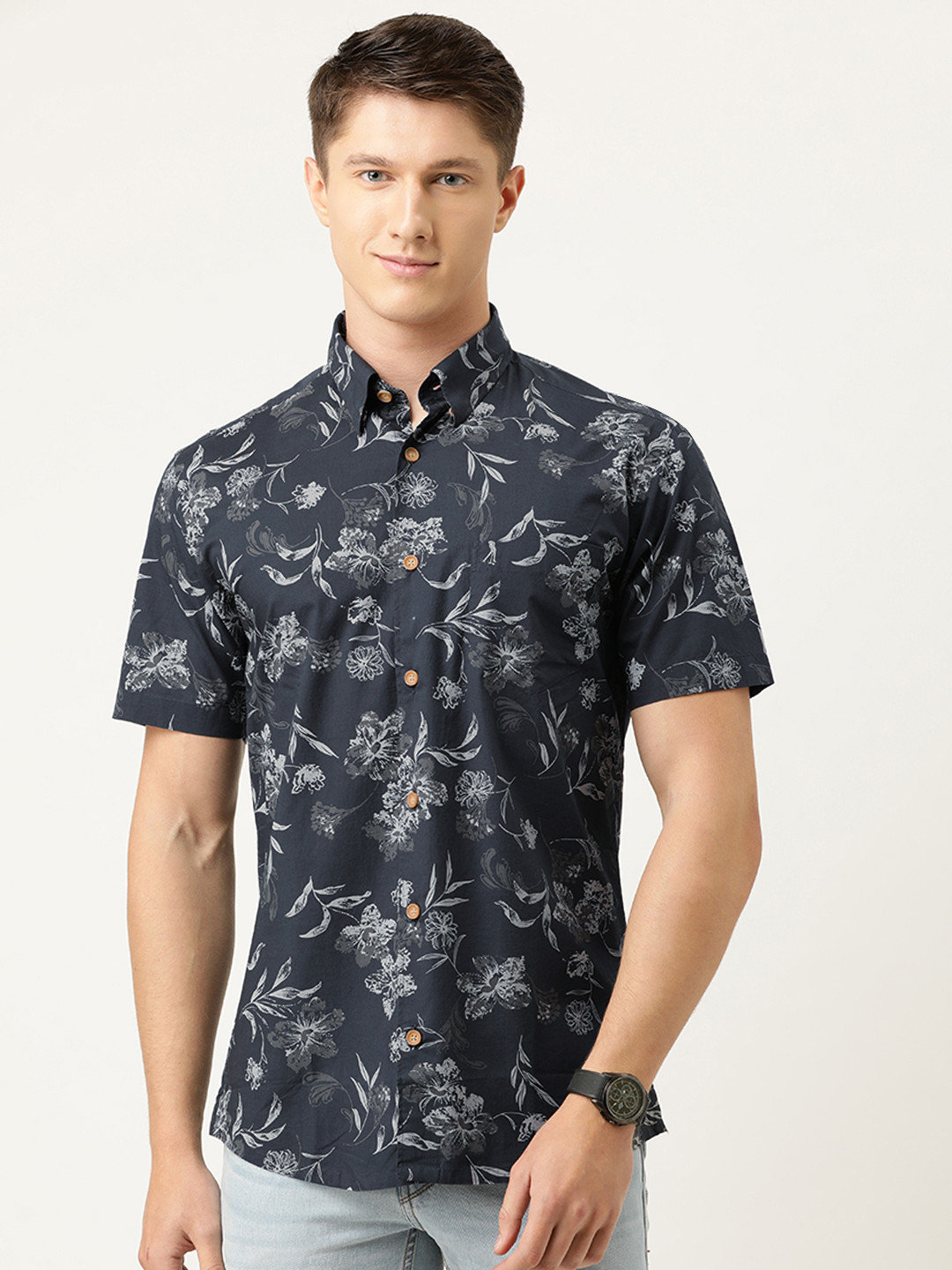 

Burnt Umber Men Navy Blue & Grey Cotton Slim Fit Floral Print Casual Shirt
