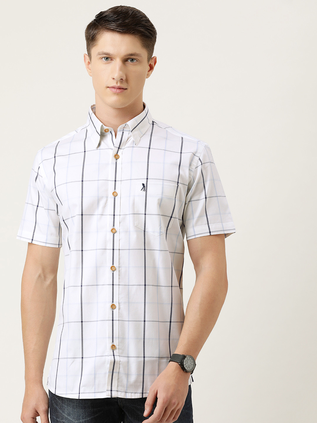 

Burnt Umber Men White & Blue Checked Slim Fit Pure Cotton Casual Shirt