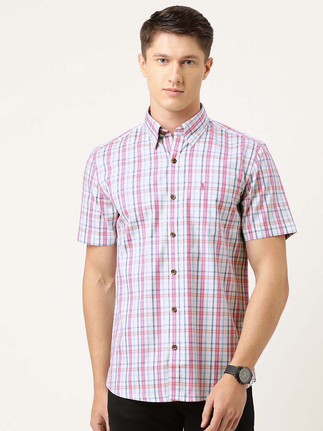 

Burnt Umber Men White & Pink Checked Slim Fit Pure Cotton Casual Shirt