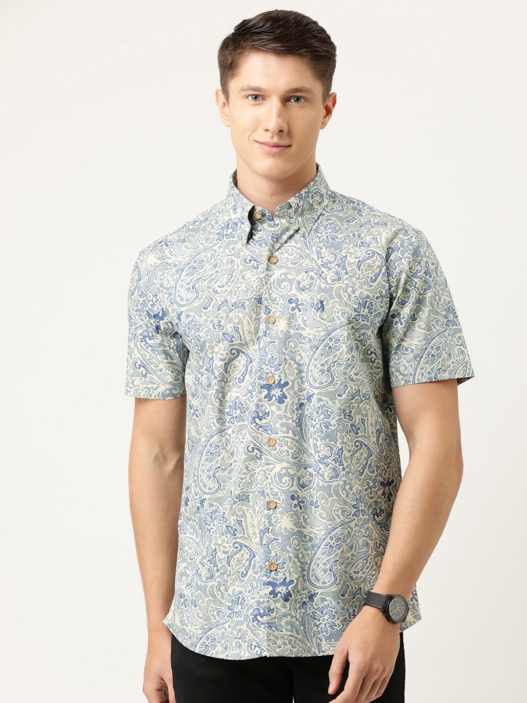 

Burnt Umber Men Grey & Blue Ethnic Print Pure Cotton Casual Shirt