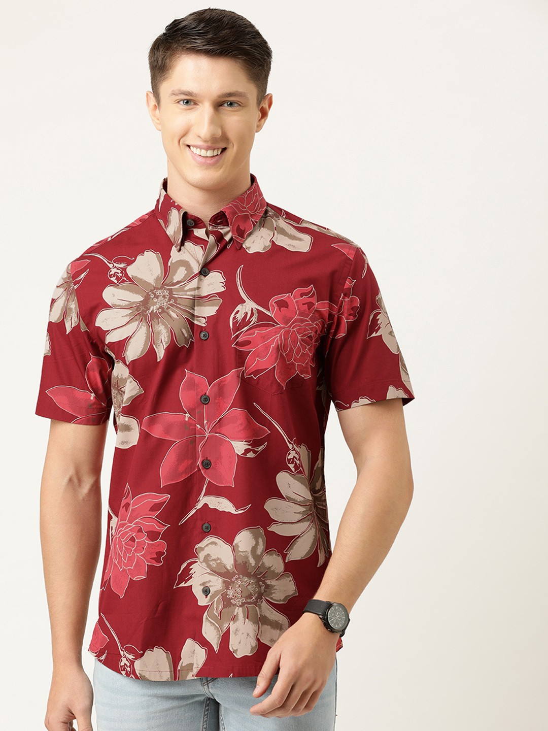 

Burnt Umber Men Maroon & Off-White Cotton Regular Fit Floral Print Casual Shirt