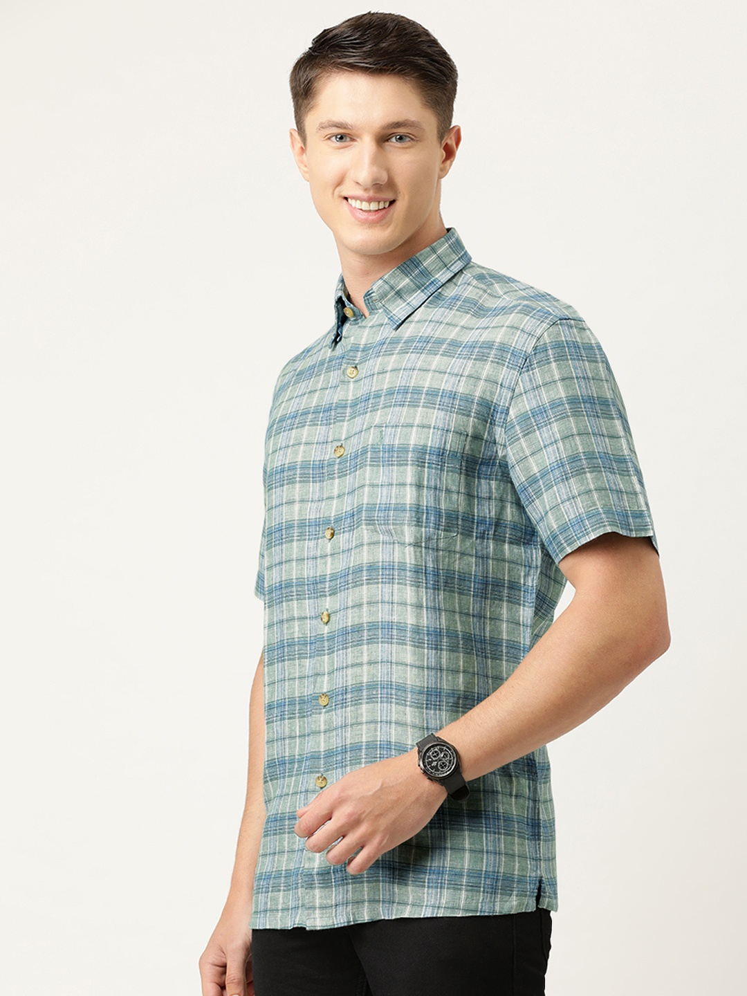 

Burnt Umber Men Taupe & Blue Slim Fit Checked Casual Shirt