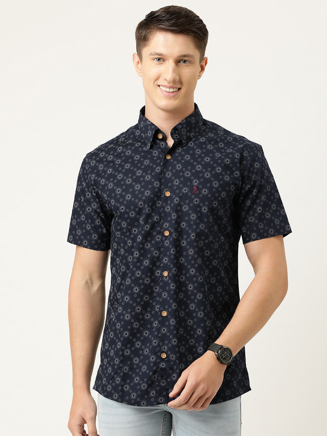 

Burnt Umber Men Navy Blue & Silver Pure Cotton Slim Fit Printed Casual Shirt