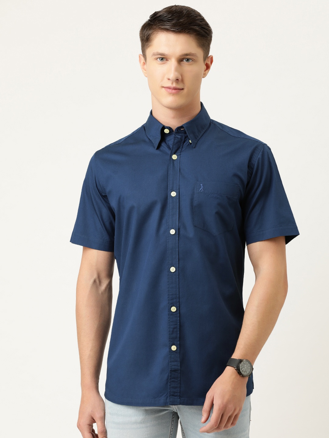 

Burnt Umber Men Navy Blue Slim Fit Solid Pure Cotton Casual Shirt