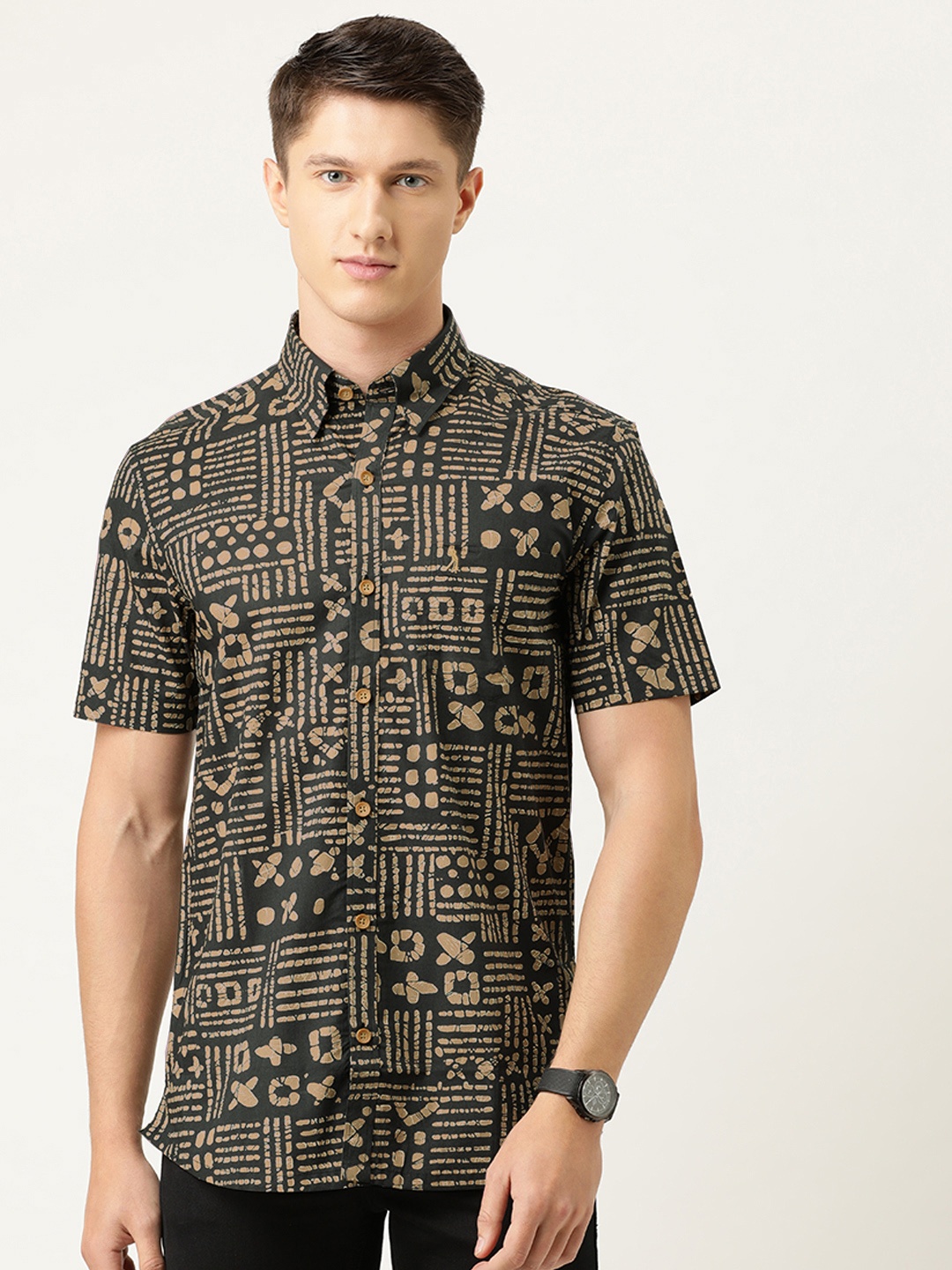

Burnt Umber Men Black & Brown Regular Fit Printed Casual Shirt