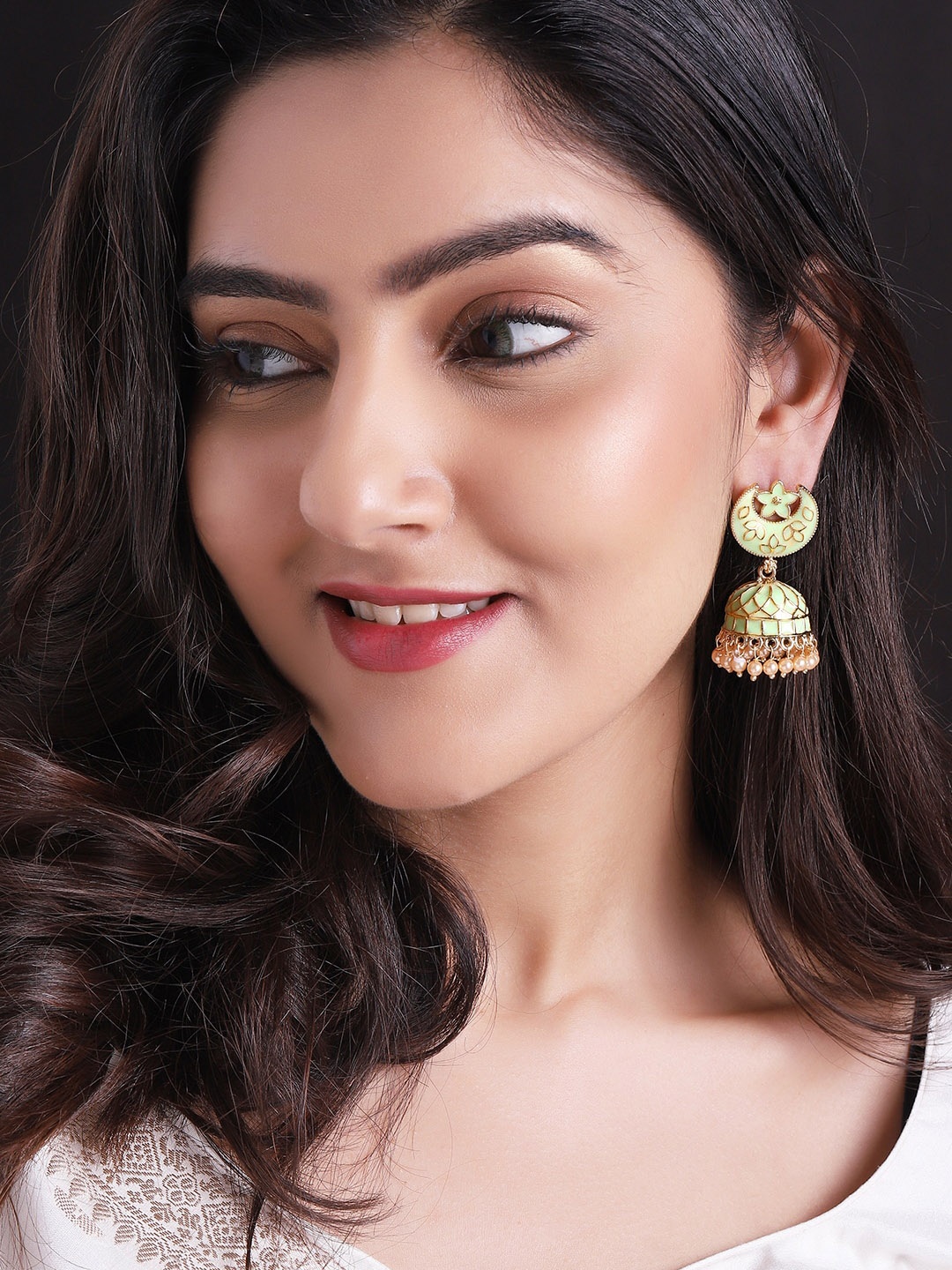 

Rubans Gold-Plated & Green Contemporary Jhumkas