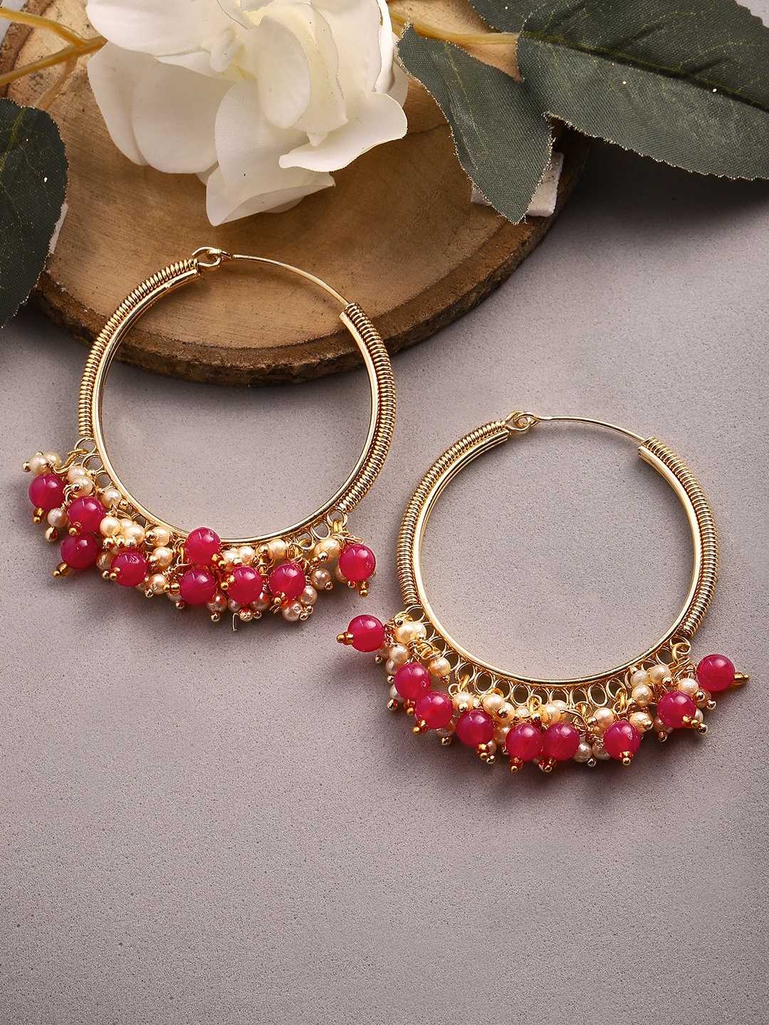 

Rubans Gold-Plated & Red Contemporary Hoop Earrings