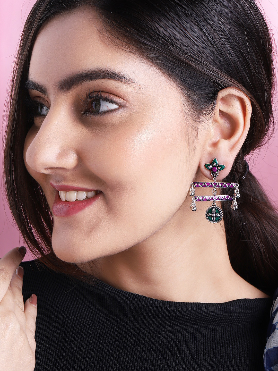

Rubans Silver-Plated & Green Geometric Drop Earrings