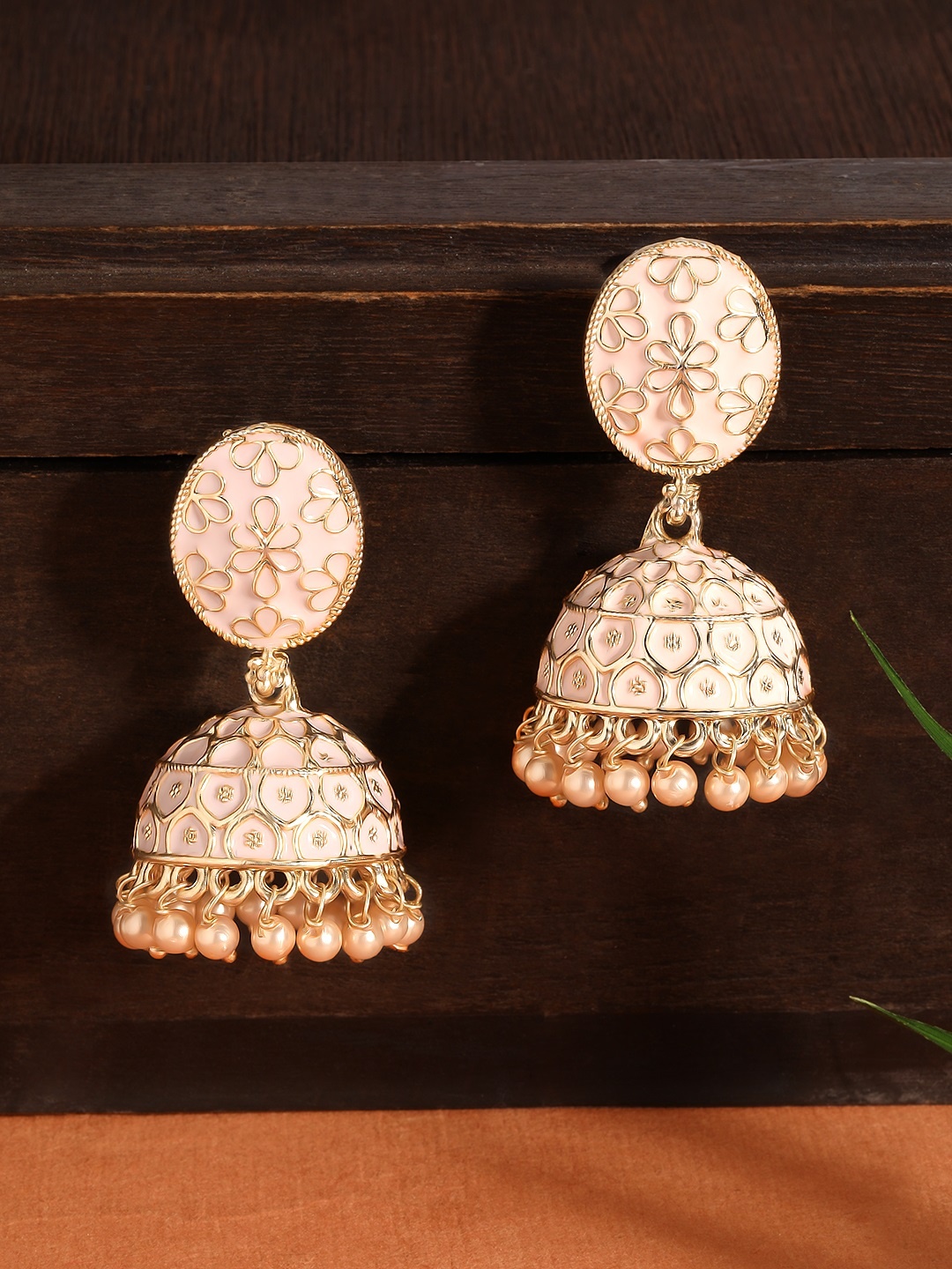 

Rubans Pink 22K Gold Plated Handcrafted Dome Shaped Jhumkas