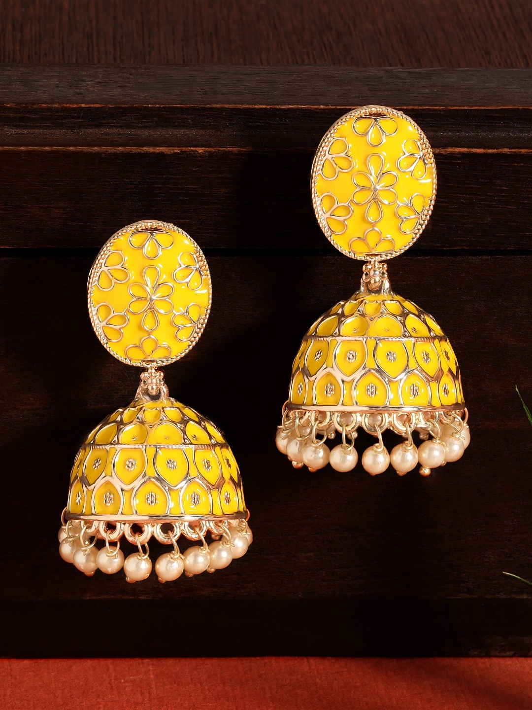 

Rubans Yellow 22K Gold Plated Handcrafted Contemporary Jhumkas