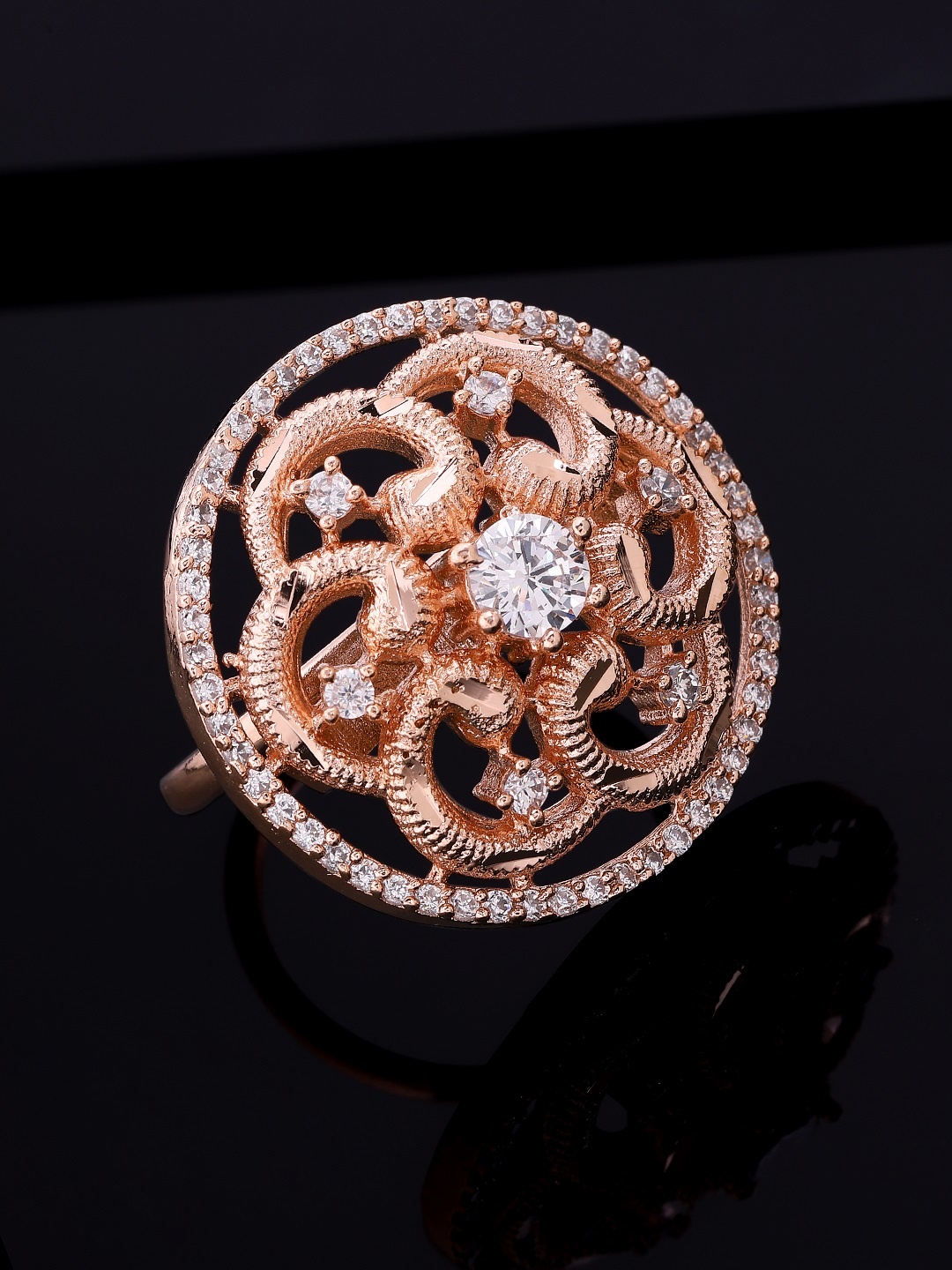 

Rubans Rose Gold-Plated White CZ Studded Filigree Handcrafted Circular Finger Ring