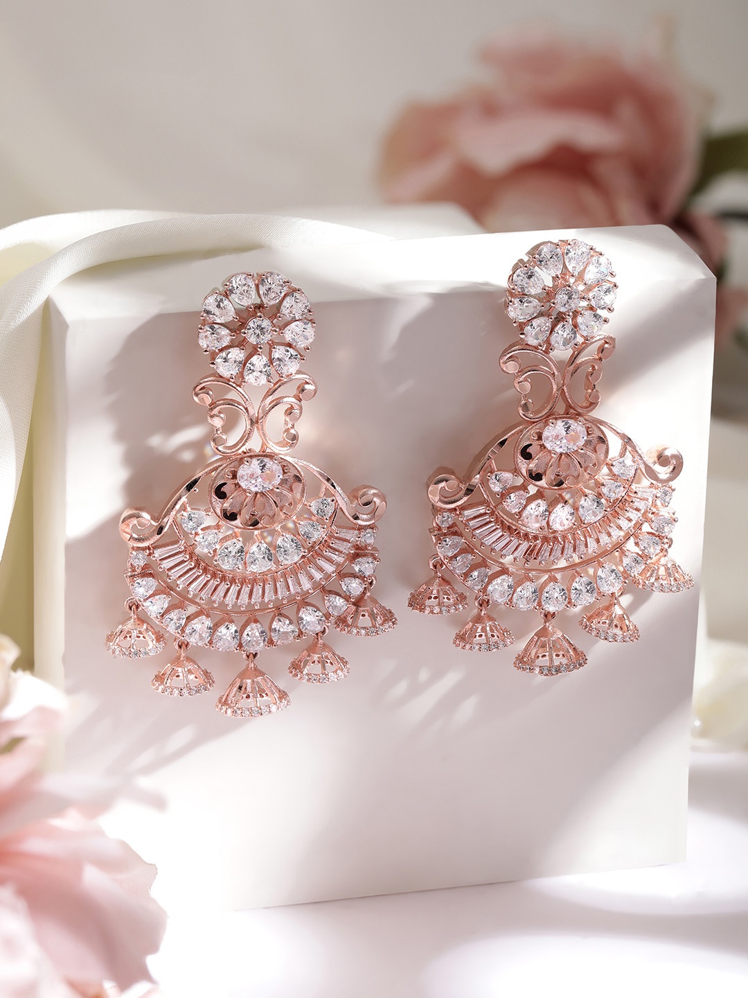 

Rubans Rose Gold Plated & Off-White Zircon Studded Crescent Shaped Chandbalis