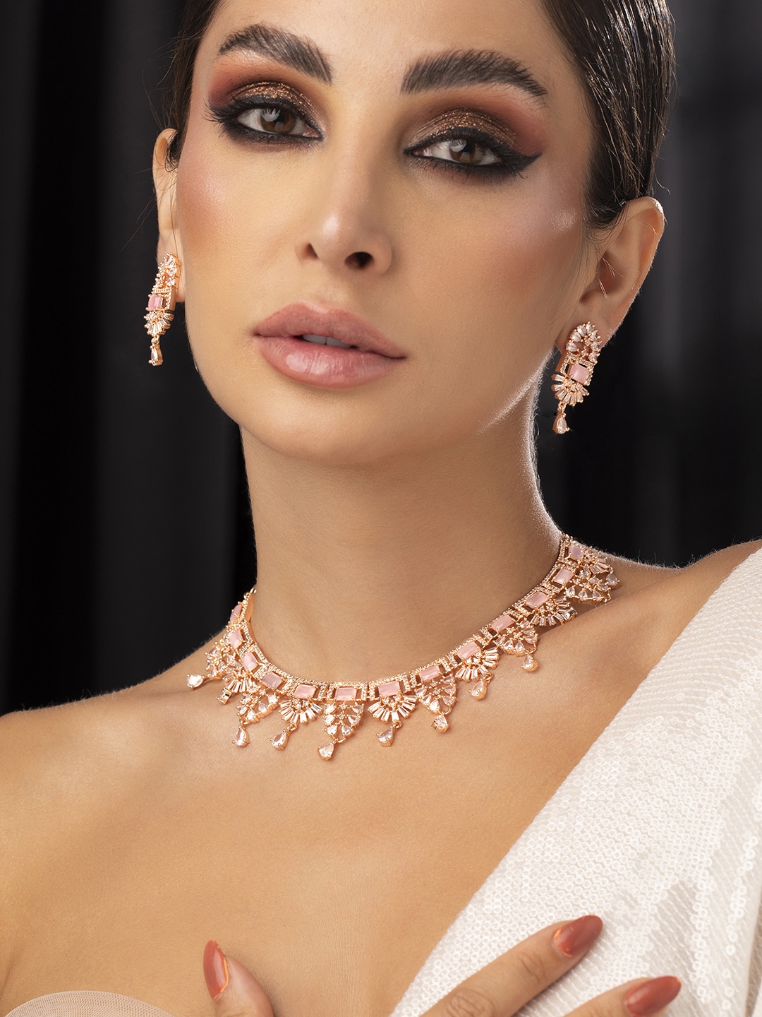 

Rubans Rose Gold-Plated Pink & White CZ-Studded Handcrafted Jewellery Set