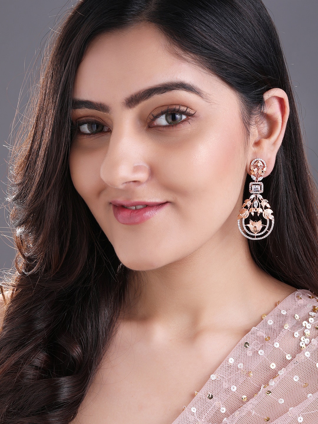 

Rubans Rose Gold-Plated Zircon Studded Handcrafted Drop Earrings