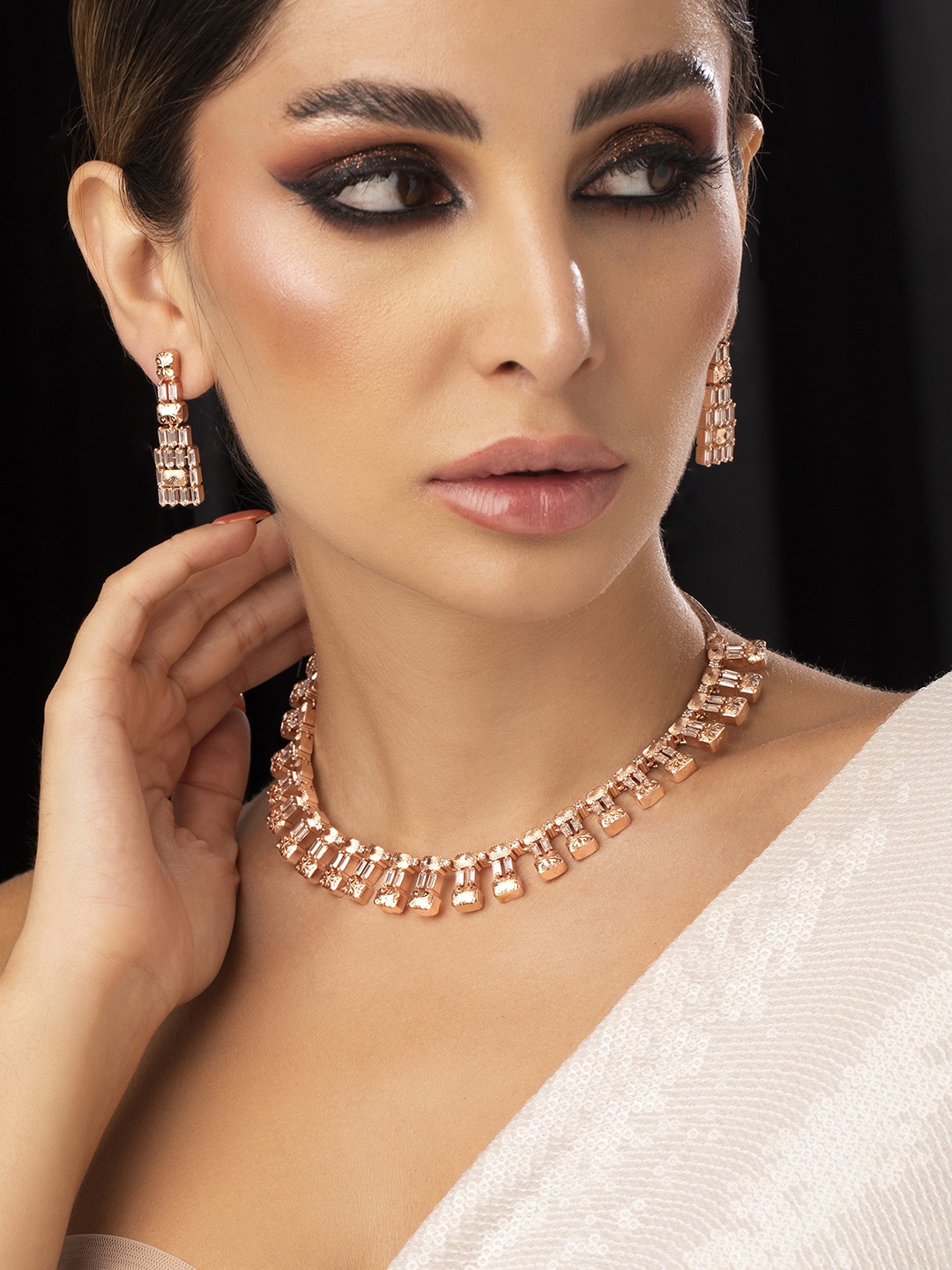 

Rubans Rose Gold-Plated & White Cubic Zirconia Studded Handcrafted Statement Jewellery Set