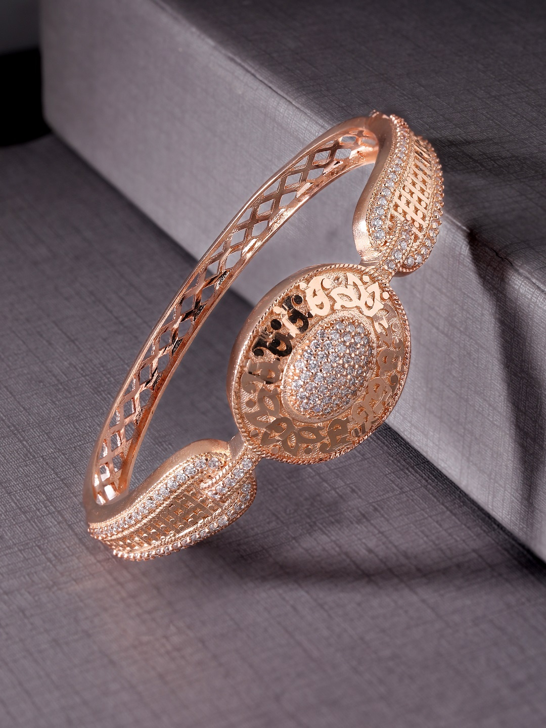 

Rubans Rose Gold-Plated White CZ Studded Filigree Handcrafted Bangle-Style Bracelet