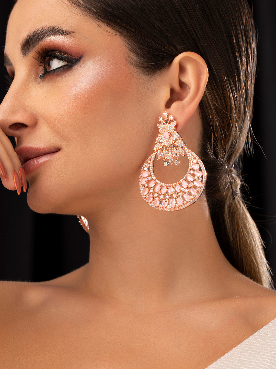 

Rubans 22K Rose Gold Plated Pink Gemstone & Crystal CZ Studded Premium Chandbali Earrings