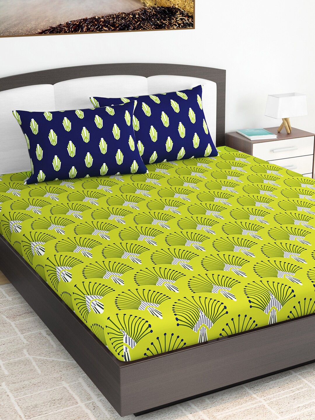 

Divine Casa Olive Green & Navy Ethnic Motifs 120 TC Double King Bedsheet & 2 Pillow Covers