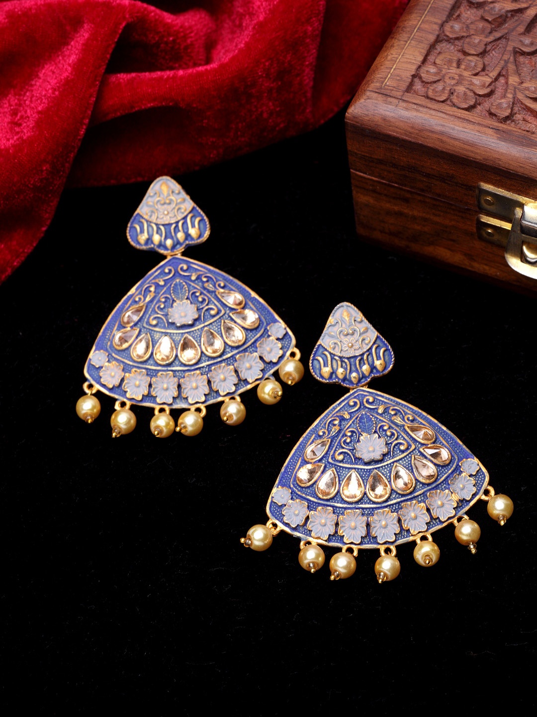 

PANASH Gold-Plated & Blue Triangular Drop Earrings