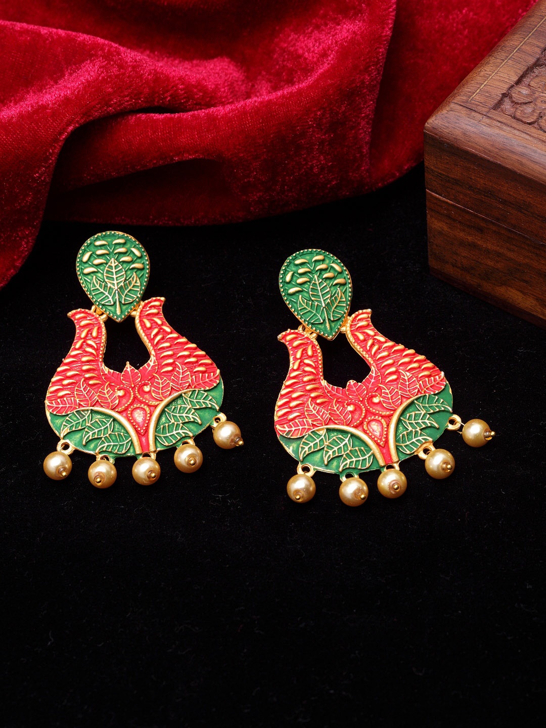 

PANASH Gold-Toned & Red Contemporary Drop Earrings