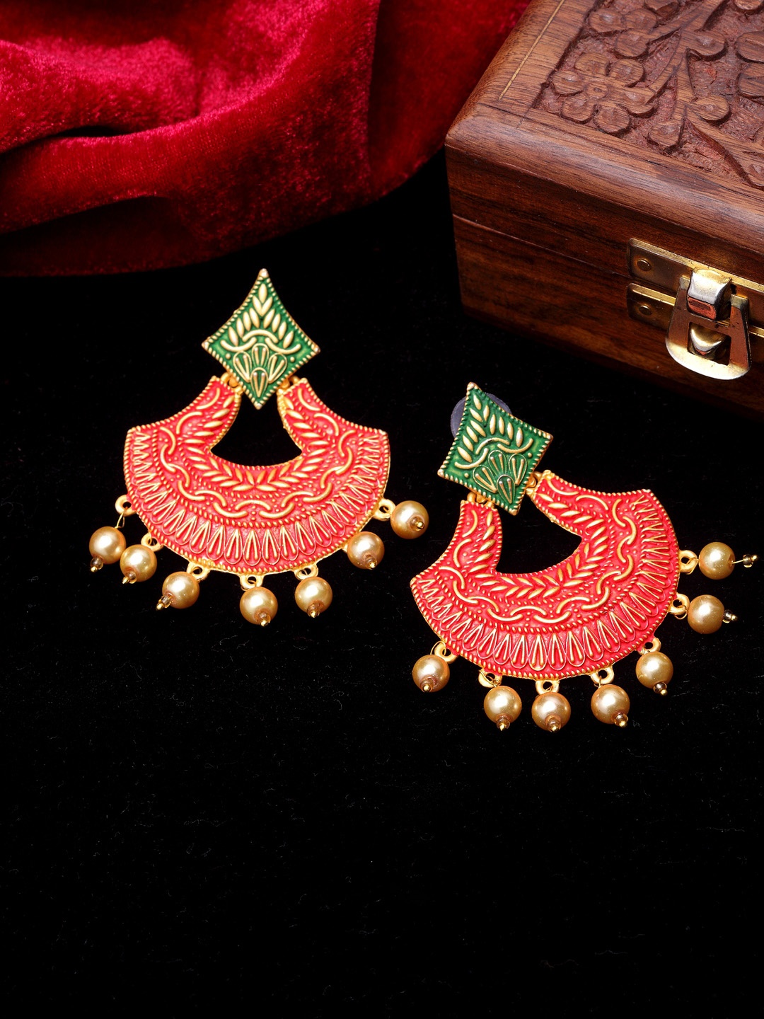 

PANASH Gold-Toned & Red Crescent Shaped Drop Earrings