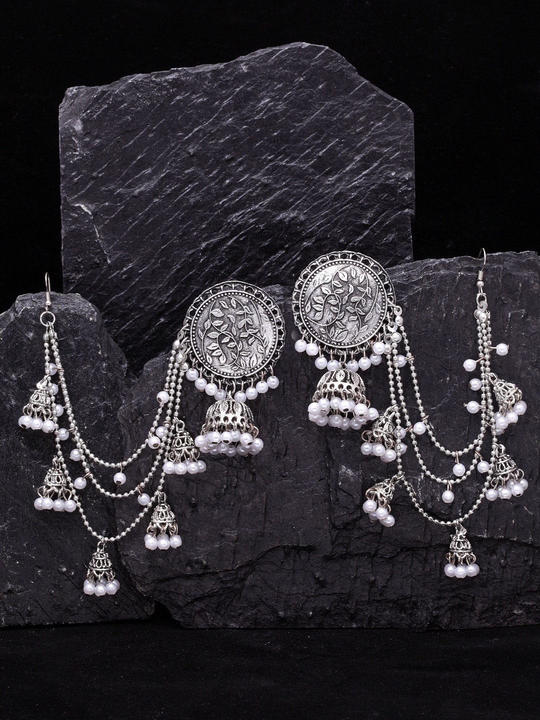 

PANASH Silver Plated Oxidised Contemporary Jhumkas